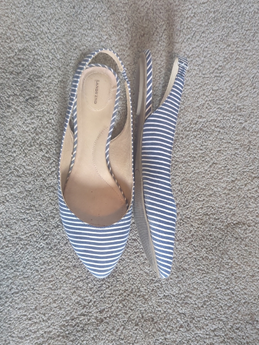 Lands' End Navy and White Striped Pointed Slingback Flats